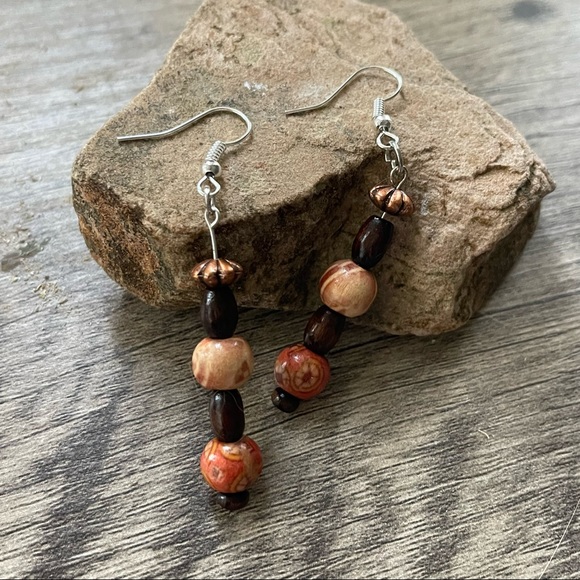 New Handmade Sterling Silver Petrified Wood Orange Brown Wooden Dangle Earrings - Picture 2 of 10